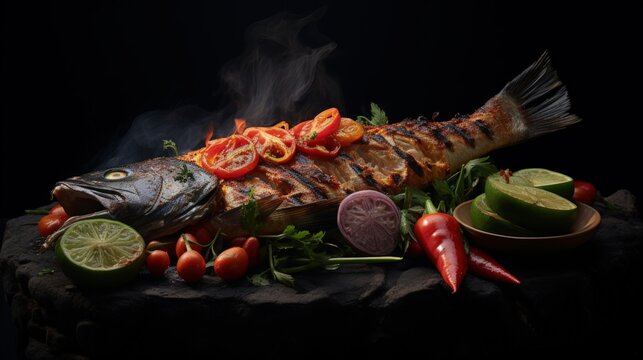 Jimbaran Grilled Seafood or A Balinese dish in the form of charcoal grilled fish, served with Plecing Kangkung and three kinds of chili sauce, Sambal Matah, Sambal Kecap and Sambal Terasi.