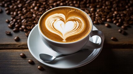 Flat white coffee with heart shaped milk and coffee powder