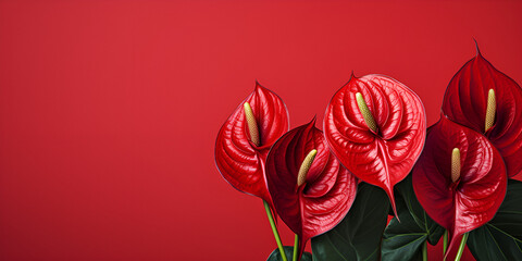  Red anthurium  flower close up on red background