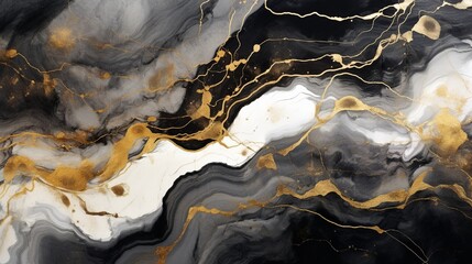 High definition. Luxury abstract fluid art painting in alcohol ink technique, with a color palette of dark blue, gray, and gold. Marble stone carved with beautiful golden veins. Design is delicate and