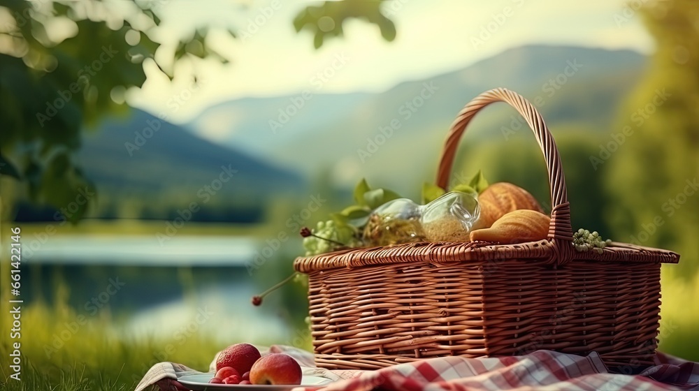 Poster picnic basket on a table against the background of nature. rest and summer mood. departure for a pic