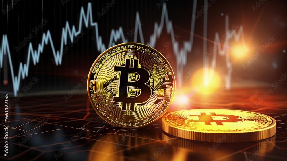 Aufkleber Golden bitcoin coin in neon light with bull trading stock chart.Bitcoin Gold and Cash lightning blockchain hard fork concept.Cryptocurrency coin on polygon peer to peer network background.