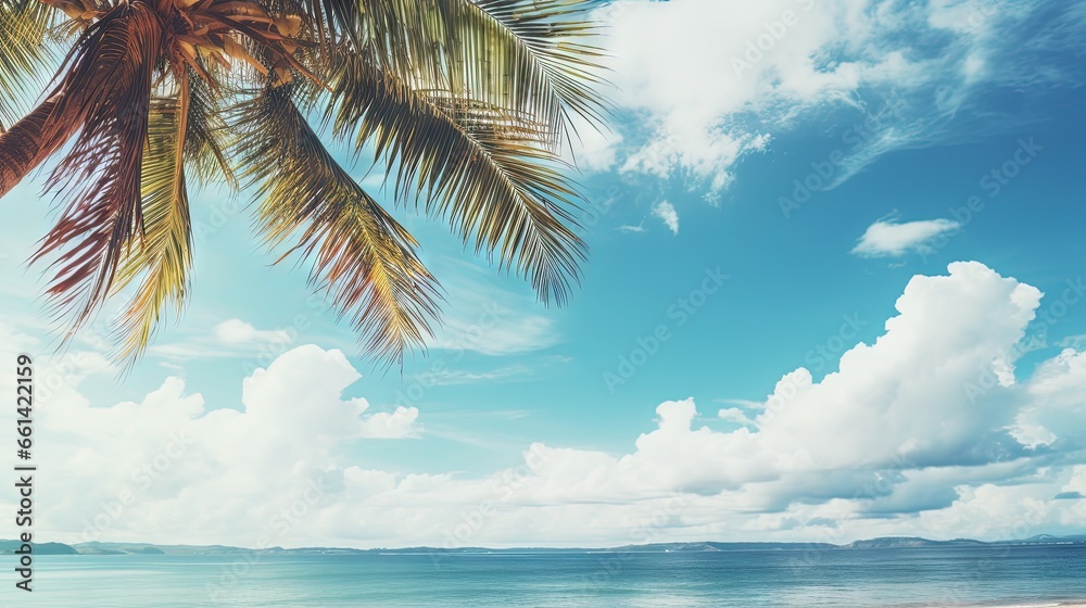 Aufkleber palm tree on tropical beach with blue sky and white clouds abstract background. copy space of summer
