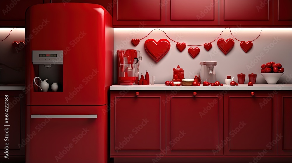 Sticker Red fridge, counters and stylish decor for Valentine's Day celebration in kitchen interior