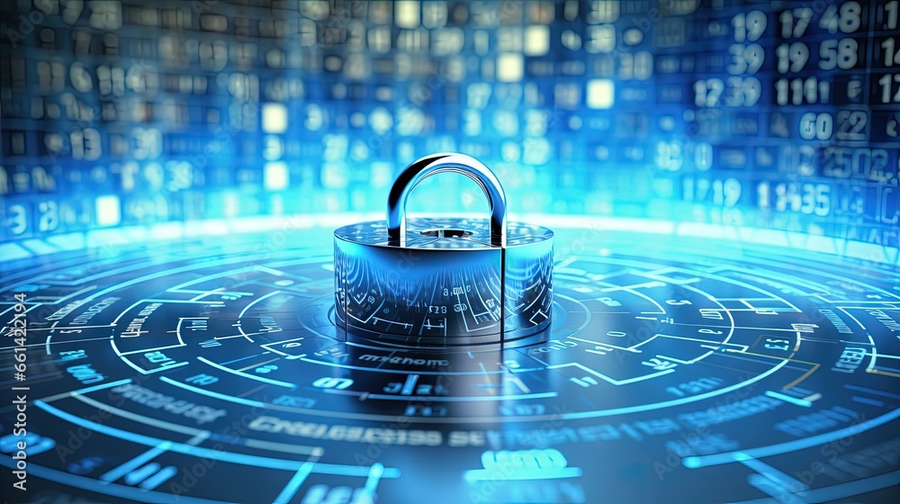 Poster Digital internet cyber security technology concept - binary code circles around padlock on graphic cube pattern background - 3D-Illustration