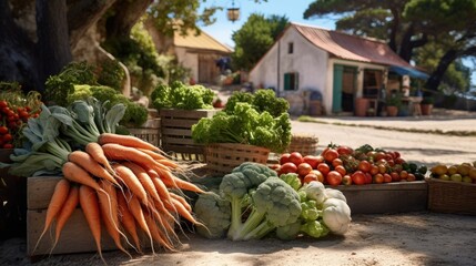 Fresh carrots on outdoor market with seasonal local vegetables and fruits in small Portuguese village near Sintra - obrazy, fototapety, plakaty