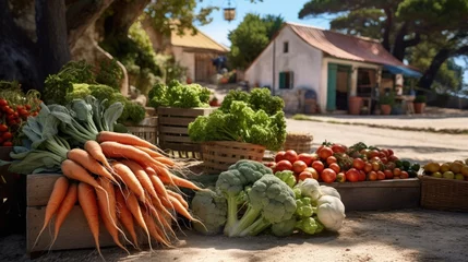 Poster Fresh carrots on outdoor market with seasonal local vegetables and fruits in small Portuguese village near Sintra © HN Works