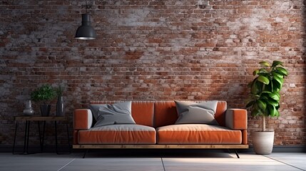 Sport room interior style with sofa and kitchen background, decorative home style, brick wall, vase of plant, sportive decor style.