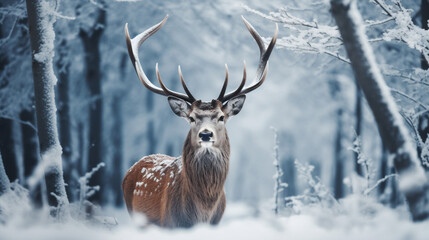 Naklejka na ściany i meble Deer nature white winter snow