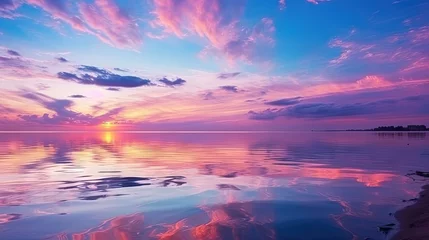 Muurstickers Stunning pink-purple sunrise on the Kiev Sea. Seascape with azure water and purple clouds in reflection. Tourism and recreation. © HN Works