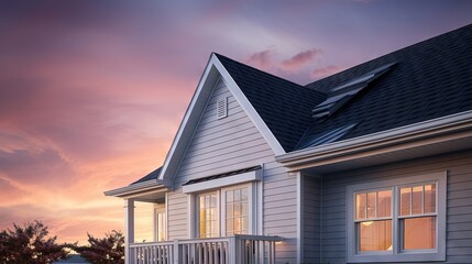 White frame gutter guard system, with gray horizontal and vertical vinyl siding fascia, drip edge, soffit, on a pitched roof attic at a luxury American single family home dramatic sunset sky - obrazy, fototapety, plakaty