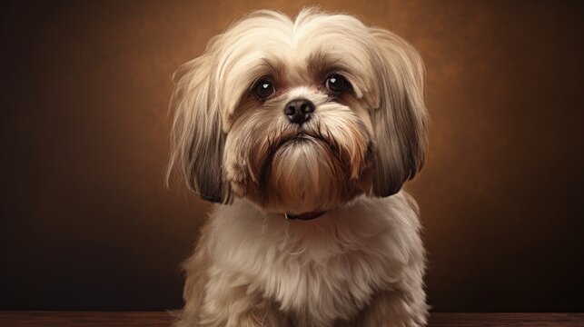 close short-haired shihtzu dog with beige coat on brown background. front view. pet. grooming shihtzu. look of dogs