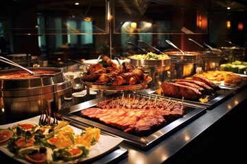 Catering buffet food indoor in restaurant with grilled meat.