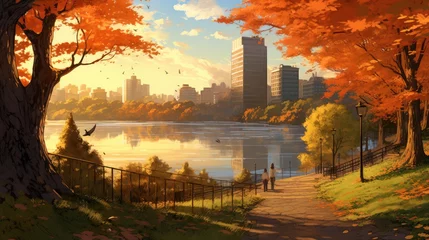 Poster Chocolat brun Illustration of an autumn landscape in a city park with a pond