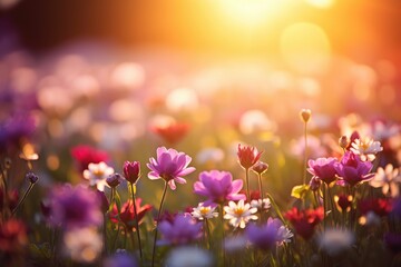 Fototapeta premium Flower field in sunlight, spring or summer garden background