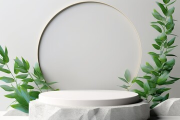 Abstract minimal scene with Stone podium display. stage pedestal or platform in white background with Green Leaves. for cosmetic product presentation, Generative AI