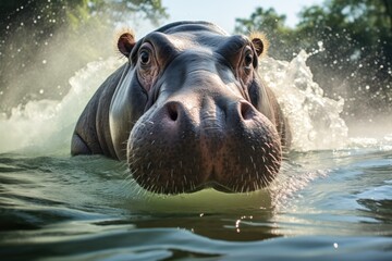 A massive hippopotamus in clear river - obrazy, fototapety, plakaty