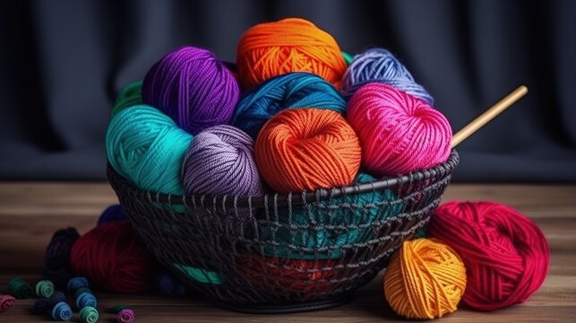 A young woman holds a stylish black wire basket in her arms. Balls and skeins of bright colored and beautiful yarn for knitting. Hobbies knitting and crocheting. - Powered by Adobe