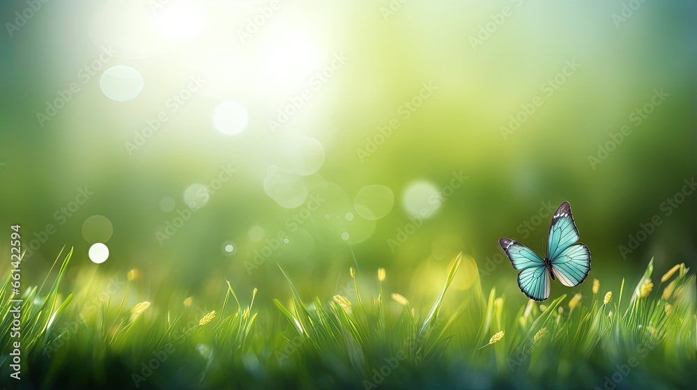Poster natural green background of young juicy grass in sunlight with beautiful bokeh. lush grass macro and