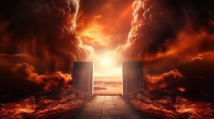 Dramatic religious background - bright light from heaven, burning doorway in dark red sky, road to hell, way to hell, heaven and hell - obrazy, fototapety, plakaty
