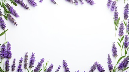 Lavender flowers and leaves frame and border isolated on white background. Top view, flat lay. Creative layout. Floral design element. Healthy eating and alternative medicine concept - obrazy, fototapety, plakaty
