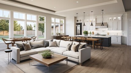 Living Room and Kitchen in New Luxury Home. Features Open Concept Floor Plan.