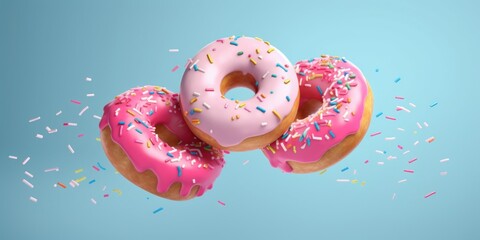 Flying Frosted sprinkled donuts. Set of multicolored doughnuts with sprinkles isolate on color background. 3d rendering, Generative AI