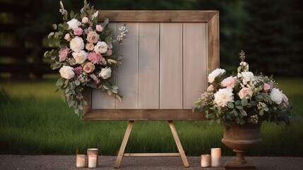 Fototapeta na wymiar Wooden welcome board sign with a beautiful flower and rustic decoration, standing in front of wedding entrance.