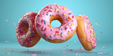 Flying Frosted sprinkled donuts. Set of multicolored doughnuts with sprinkles isolate on color background. 3d rendering, Generative AI