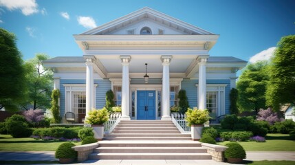 Obraz premium Beautiful home exterior on sunny day with blue sky. Features front door with glass panels and columns flanking entrance.