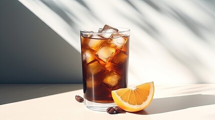 Trendy summer drink - espresso tonic on white background with shadow of sun. Cold coffee cocktail in summer sunny day. Coffee menu. Aesthetic composition with iced espresso and tonic cocktail - obrazy, fototapety, plakaty