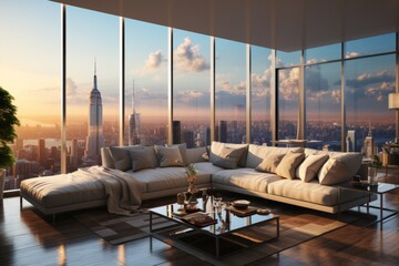 High-end penthouse living room with panoramic windows, opulent furnishings, and breathtaking cityscape views, Generative AI