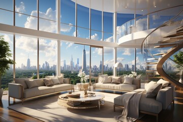 High-end penthouse living room with panoramic windows, opulent furnishings, and breathtaking cityscape views, Generative AI