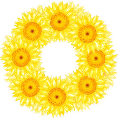 Hand drawn watercolor yellow sunflower wreath border frame isolated on white background. Can be used for invitation, postcard, poster, decoration and other printed products.
