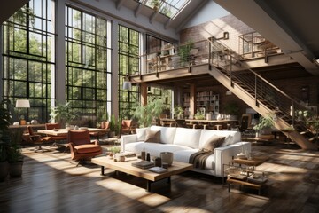 Open-concept loft space with a glossy mezzanine, industrial accents, and an abundance of natural light, Generative AI - obrazy, fototapety, plakaty