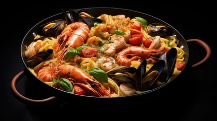 Pasta with seafood in a pan, nutritious food