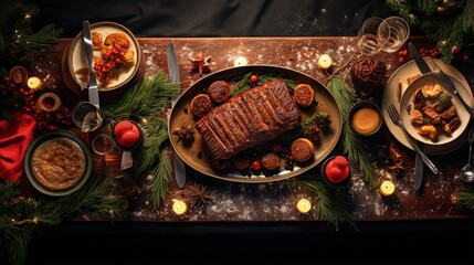 Flat lay of Delicious Christmas themed dinner table with roasted meat steak, appetizers and desserts. Top view. Holiday concept.