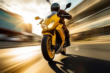 Deurstickers yellow motorbike rider at high speed along the highway,   3d rendering, AI generative   © Salawati