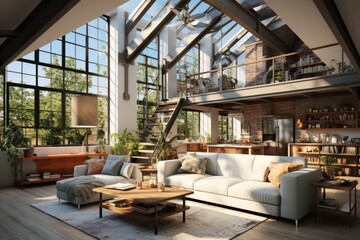 Open-concept loft space with a glossy mezzanine, industrial accents, and an abundance of natural light, Generative AI