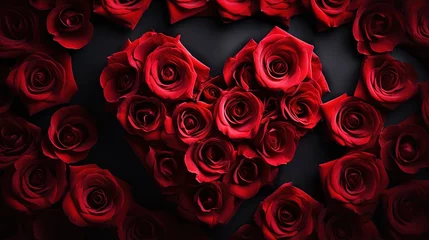Fotobehang Beautiful composition with heart of red petals rose flower on black background. Love concept. Top view, Flat lay. Elegant Floral template for design to Valentine's Day, mothers Day, wedding © HN Works