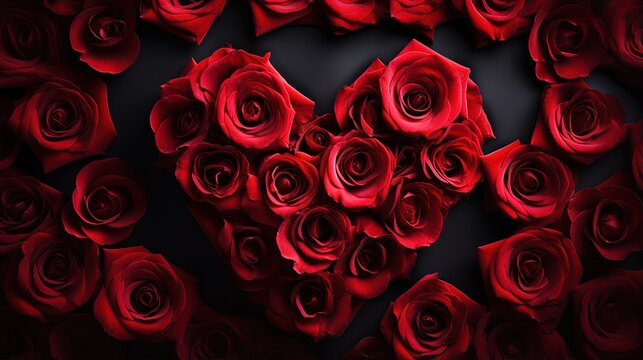 Beautiful composition with heart of red petals rose flower on black background. Love concept. Top view, Flat lay. Elegant Floral template for design to Valentine's Day, mothers Day, wedding