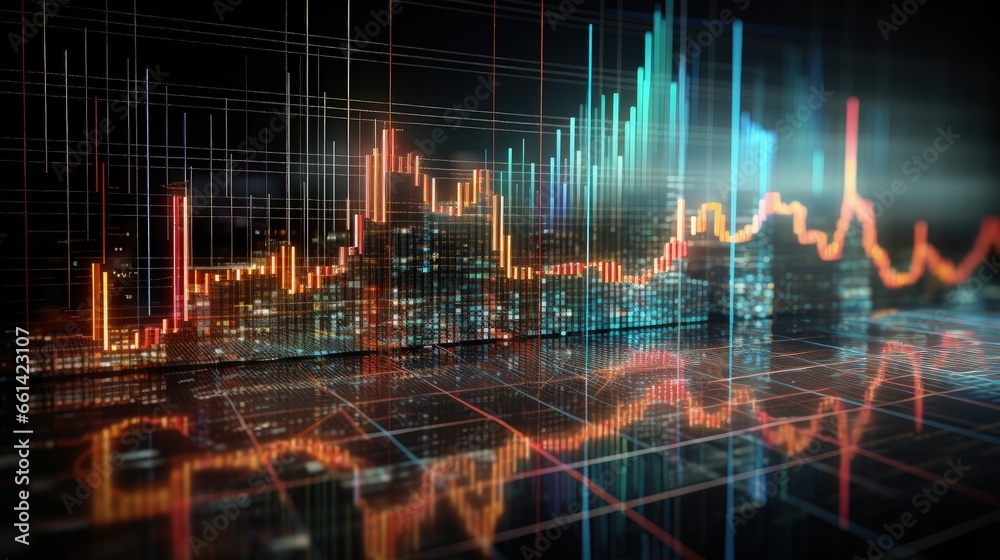 Poster Digital data financial investment trends, Financial business diagram with charts and stock numbers showing profits and losses over time dynamically, Business and finance. 3d rendering