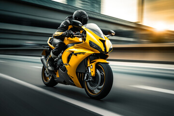 yellow motorbike rider at high speed along the highway,   3d rendering, AI generative  