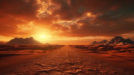Desert sand dunes road at sunset