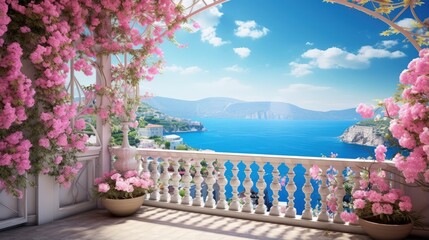 Lichtdoorlatende rolgordijnen Beautiful view from the balcony on the Italian coast, pink and white flowers. Blue sky. Digital collage, mural and mural. Wallpaper. Poster design. Modular panel. Illustration for print. 3d render