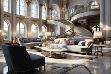  Upscale hotel lobby with a grand staircase, glossy marble floors, and elegant seating areas, Generative AI - obrazy, fototapety, plakaty