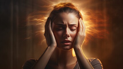 World Brain Tumor Day. Raise awareness, Detection and prevention of brain tumor concept. A woman is suffering from a headache and Migraine.