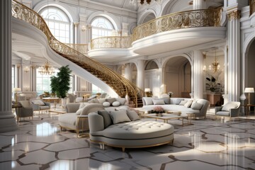  Upscale hotel lobby with a grand staircase, glossy marble floors, and elegant seating areas, Generative AI