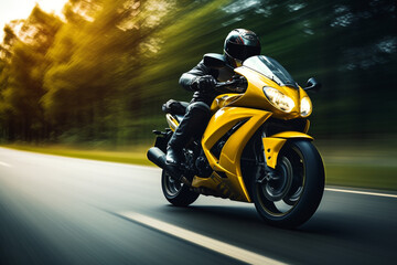 yellow motorbike rider at high speed along the highway,   3d rendering, AI generative  