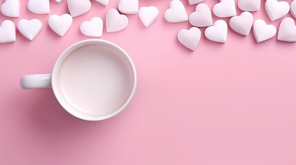 Valentine's Day. Gray cover marshmallow cup with paper hearts on a pink background. Flat lay top view copy space.